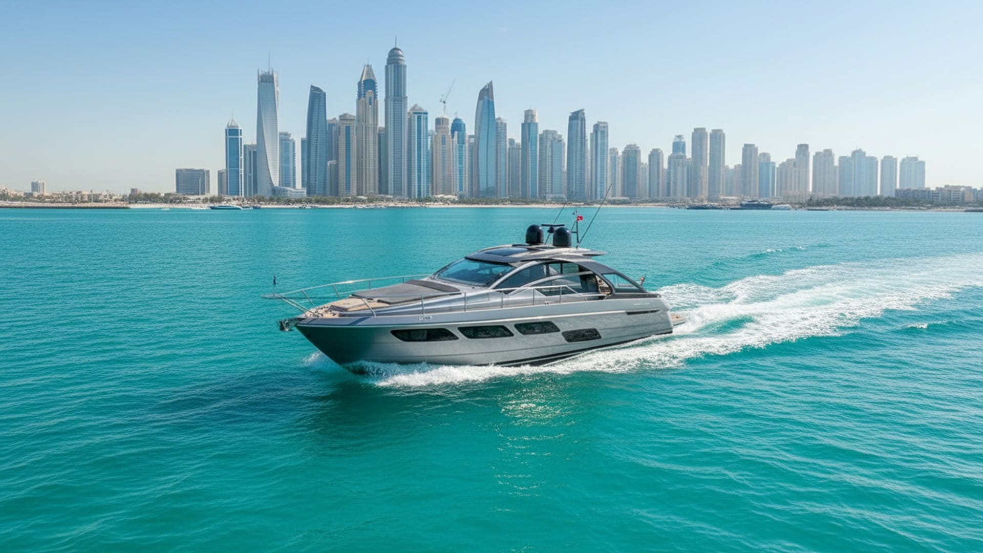 Pershing 5X Pearl Gray 52 ft vista aerea a Dubai Marina