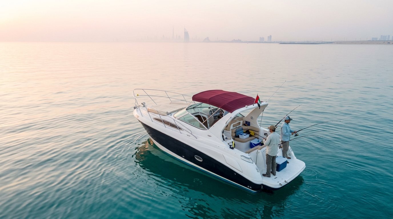 Anglers holding fishing rods on a boat stern off the Dubai coast