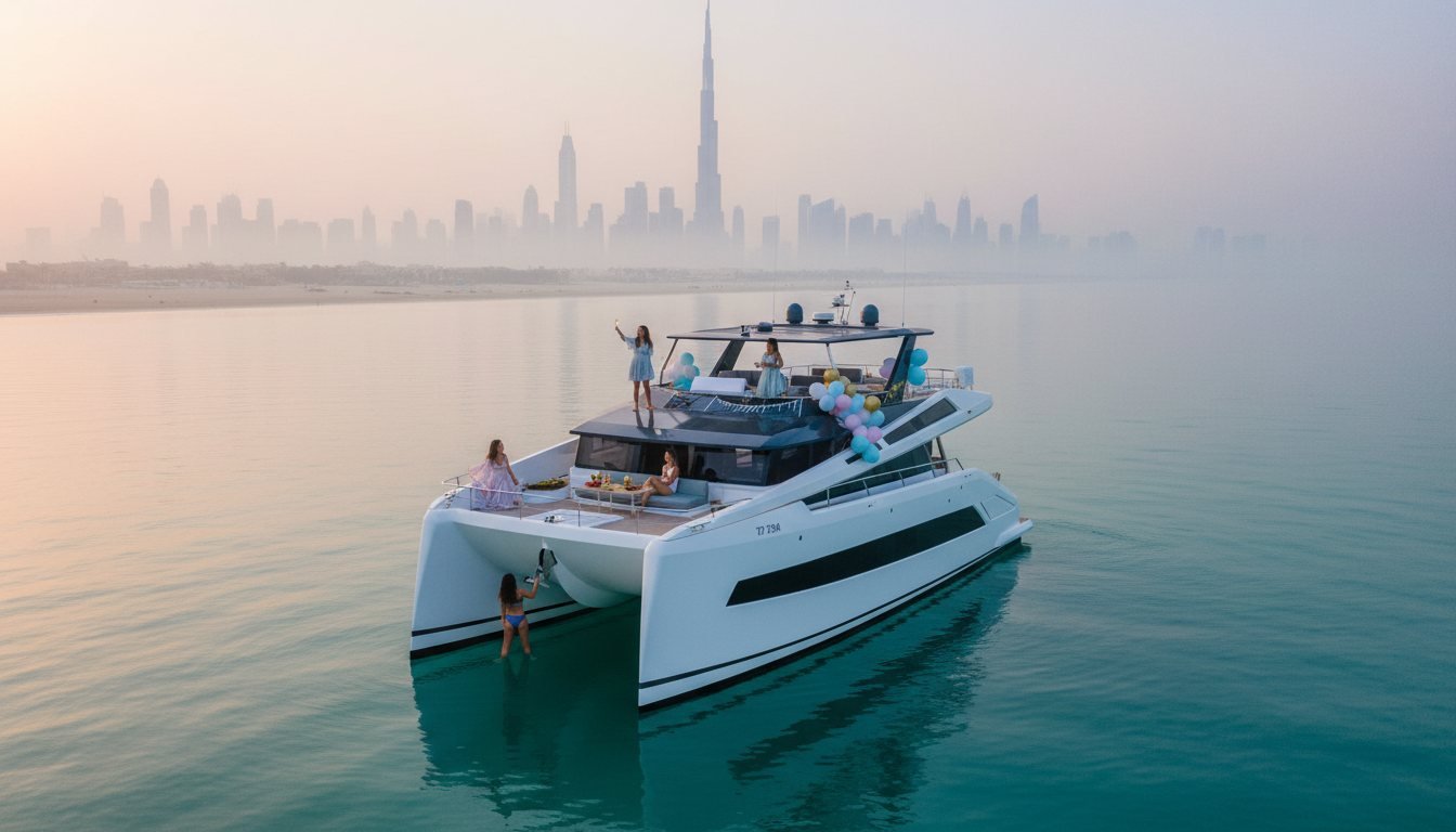 Balloon-decorated boat carrying guests celebrating an event against the Dubai coast