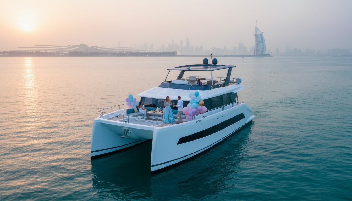 Balloon-decorated boat carrying guests celebrating an event against the Dubai coast