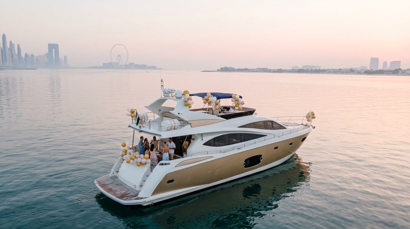 Balloon-decorated boat carrying guests celebrating an event against the Dubai coast
