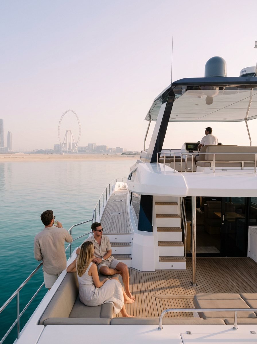Boat skipper at the steering console while friends socialize along the stern