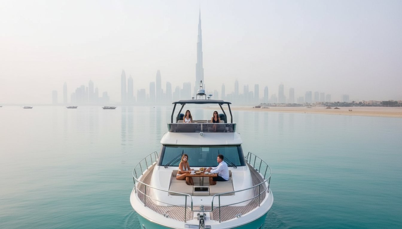 Bow view of an elegant white yacht cruising past Dubai coastal landmarks