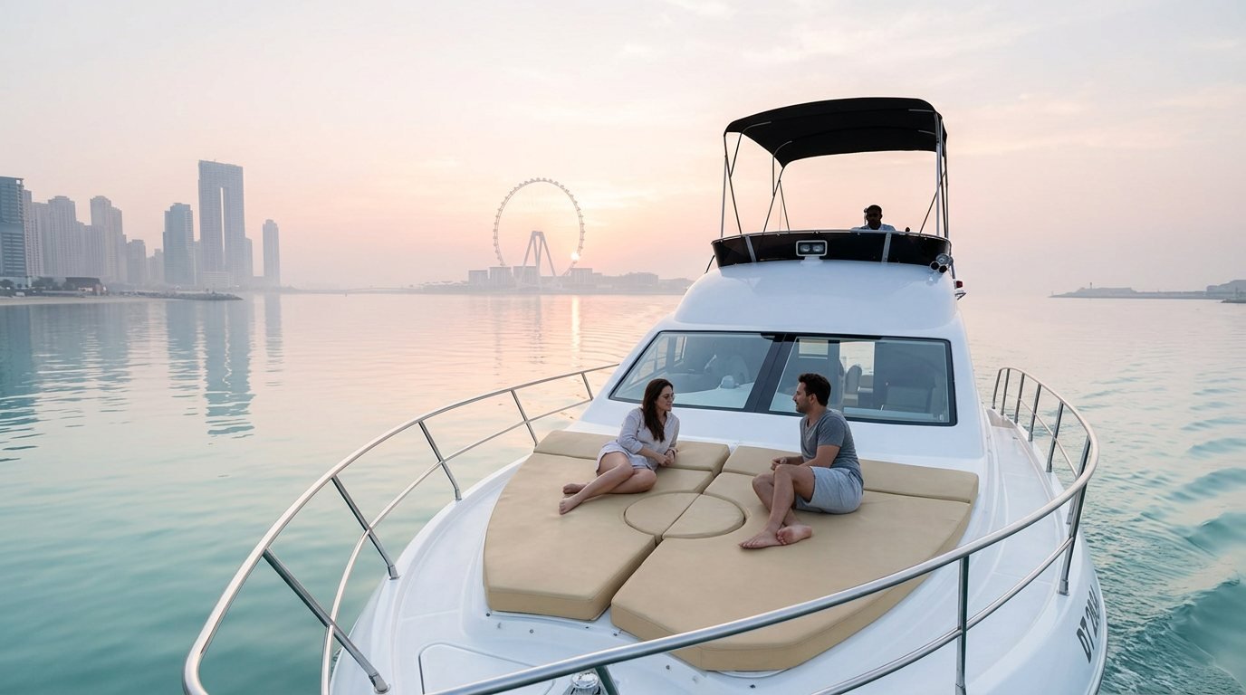 Bow view of an elegant white yacht cruising past Dubai coastal landmarks