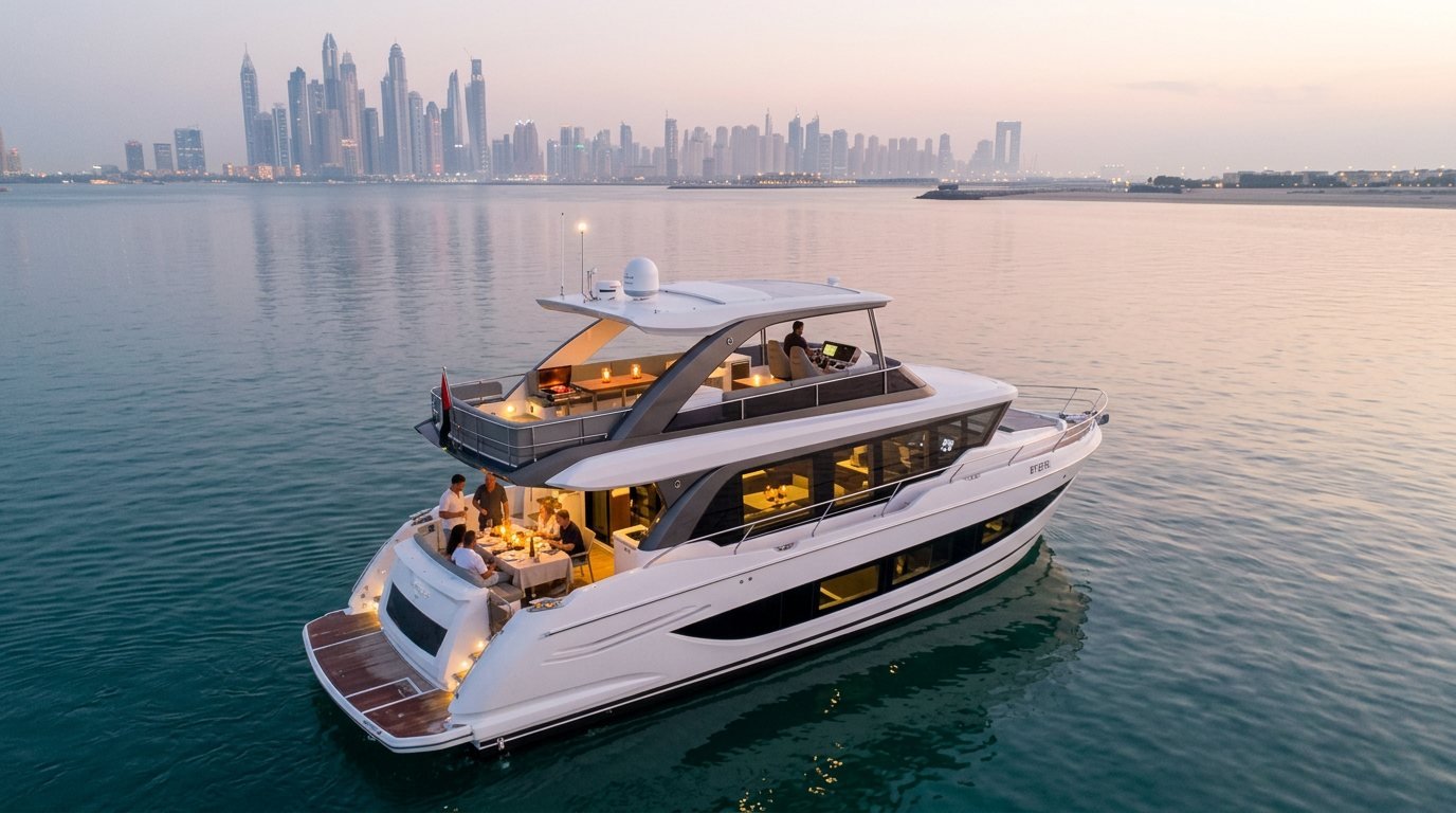 Candlelit dinner table prepared on an open yacht deck overlooking Dubai Marina