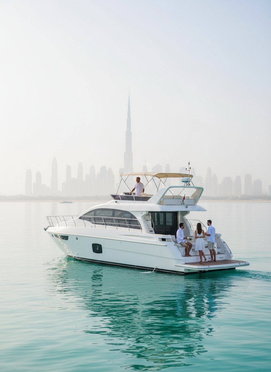 Captain guiding a charter yacht with guests seated on the aft deck