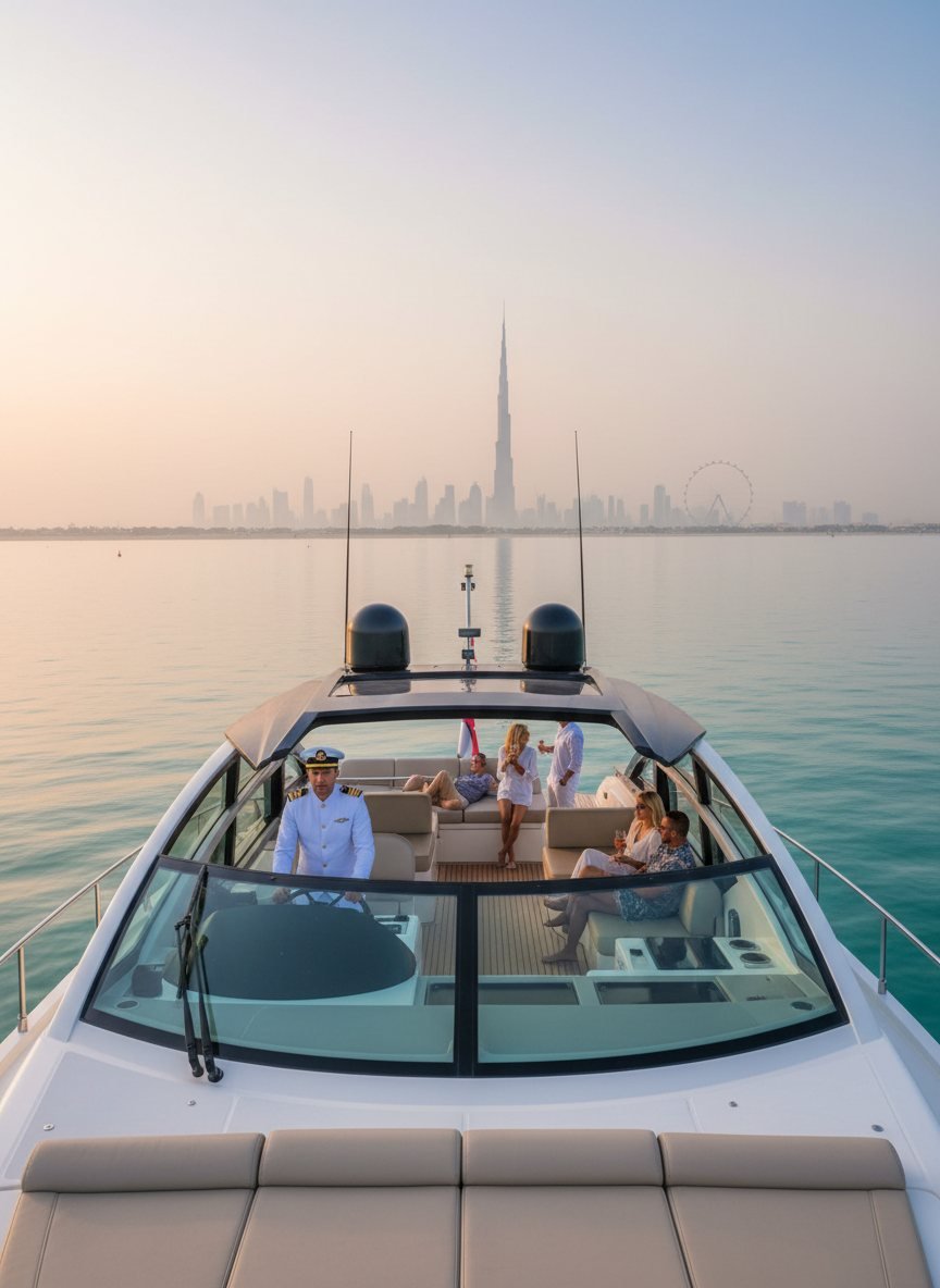 Captain steering the wheel while passengers relax on the stern deck lounge
