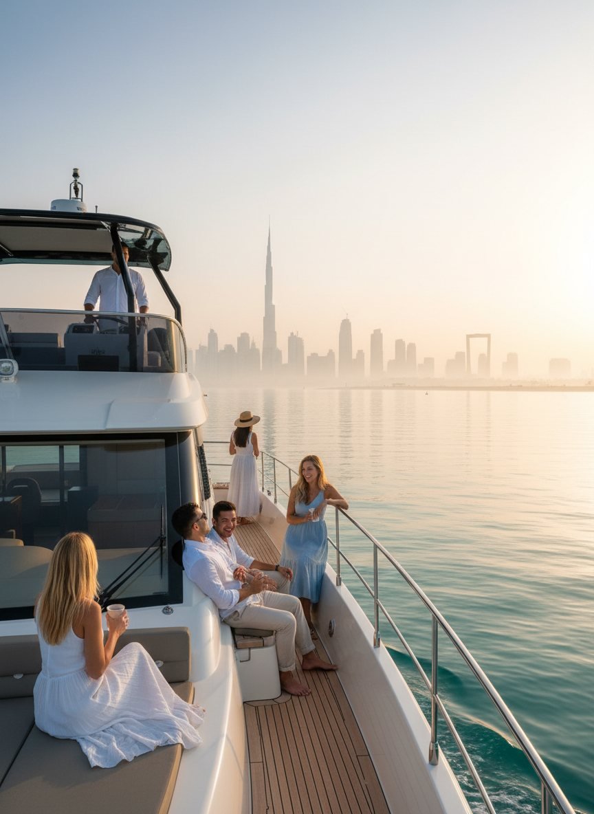 Captain steering the wheel while passengers relax on the stern deck lounge