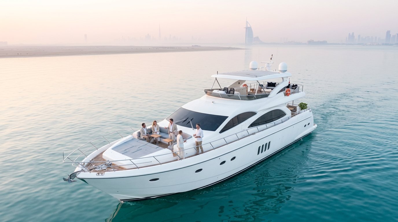 Colleagues mingling on an expansive yacht deck while cruising along Dubai coastline