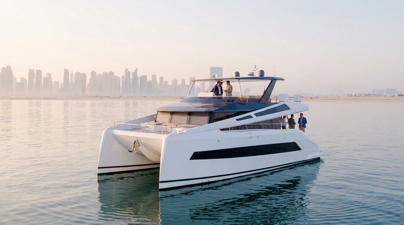 Corporate gathering relaxing on the spacious deck of a luxury yacht in Dubai