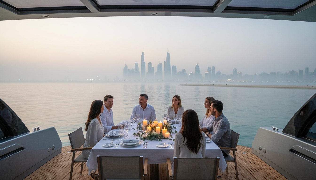 Dinner table setup illuminated by candlelight with Dubai Marina towers sparkling nearby