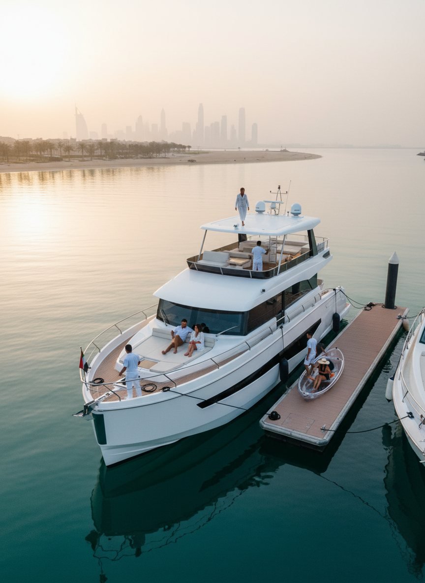 Docked yacht and uniform-clad crew resting on a marina pier in Dubai