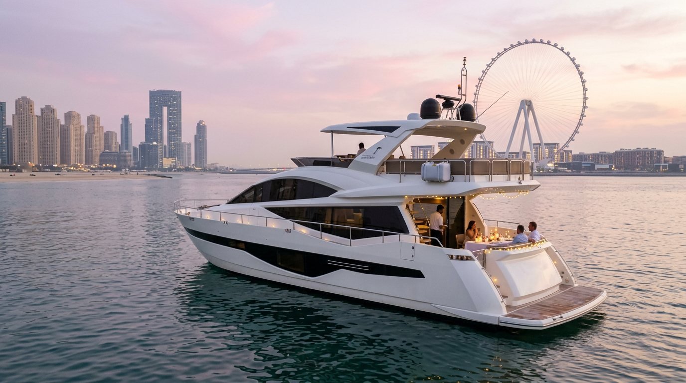 Elegant dinner table with glowing candles aboard a motor yacht near Dubai Marina