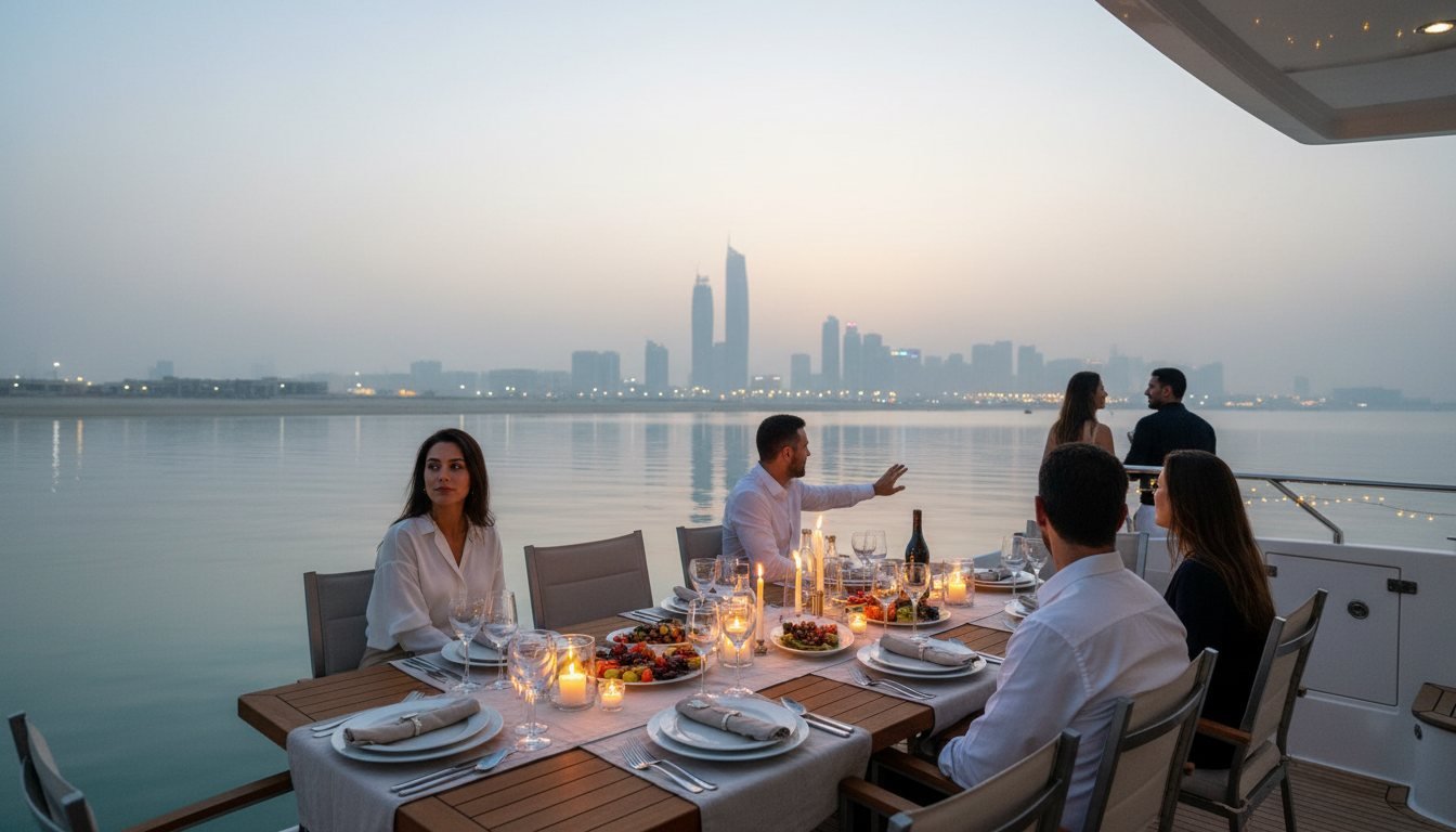 Elegant dinner table with glowing candles aboard a motor yacht near Dubai Marina