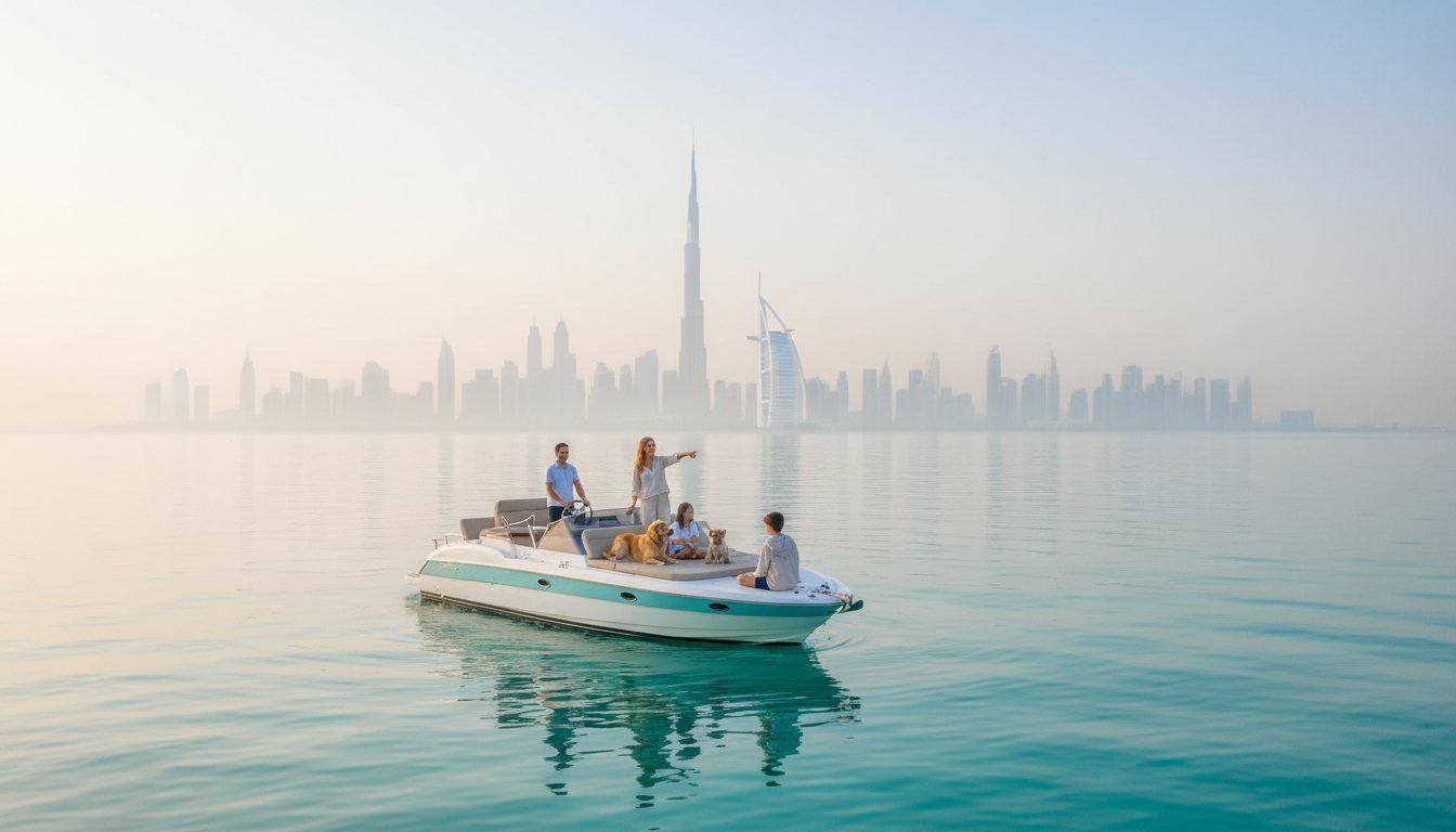Family enjoying the sunny deck of a private yacht off Dubai coast