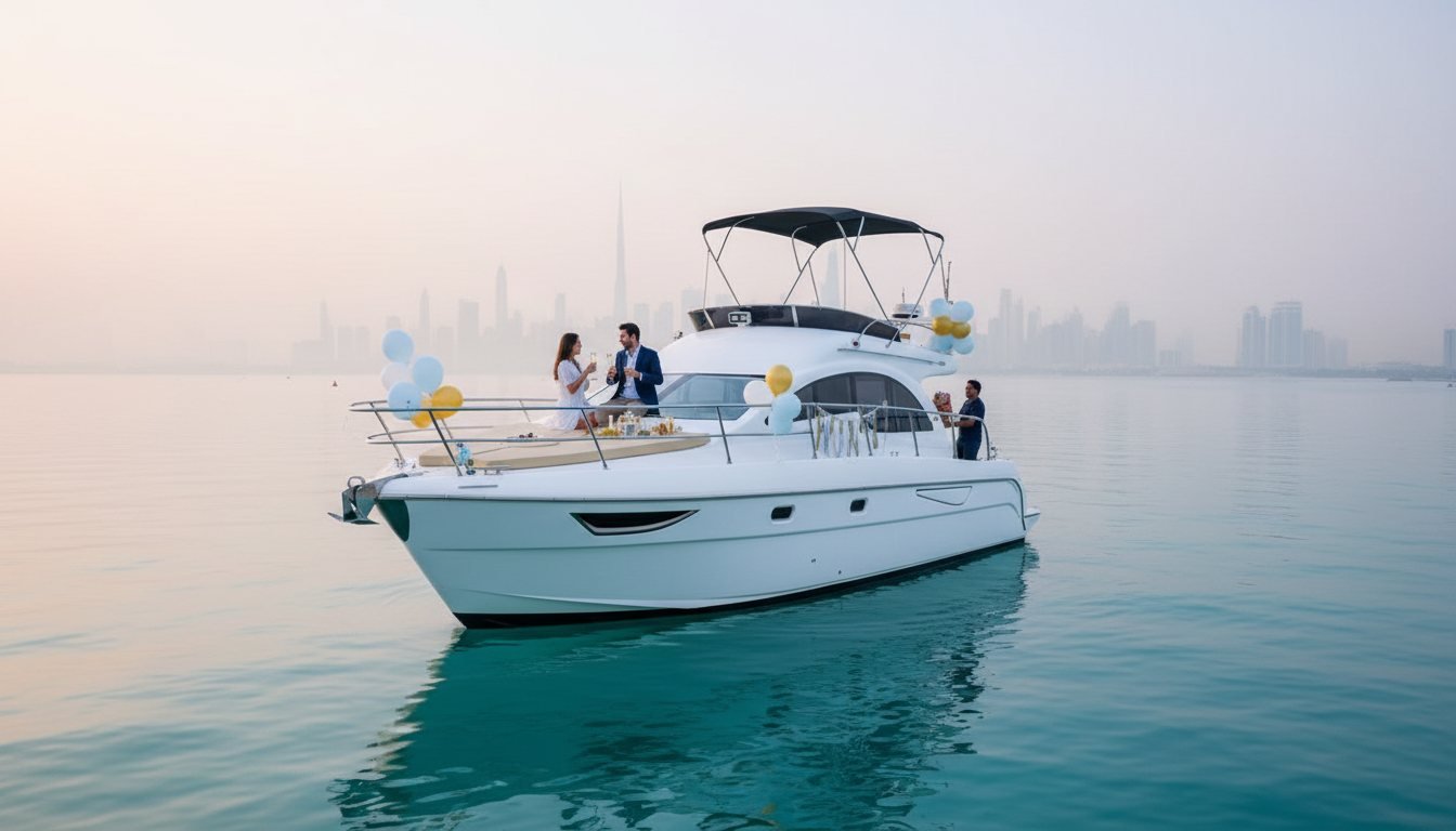 Guests celebrating on a party yacht adorned with festive balloons off Dubai