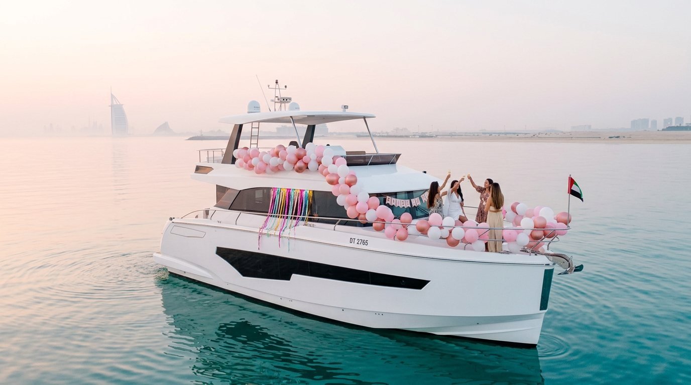 Guests raising glasses on a balloon-decked party boat near the Dubai shore