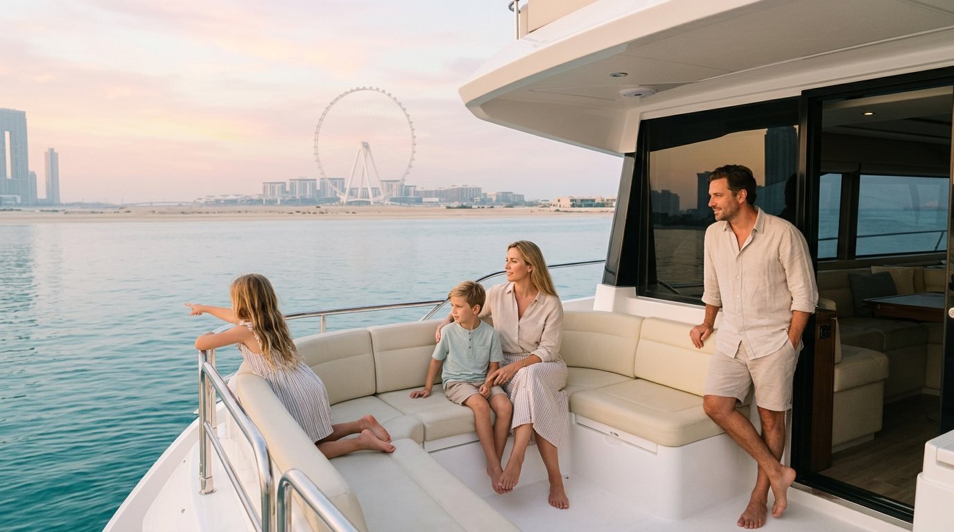 Happy family spending sunny leisure time together on a private yacht deck