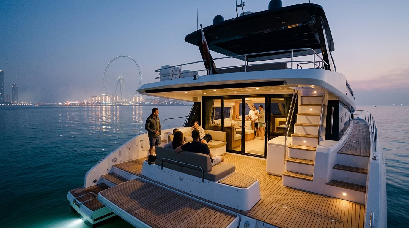 Illuminated motor yacht anchored peacefully on calm night waters near Dubai city