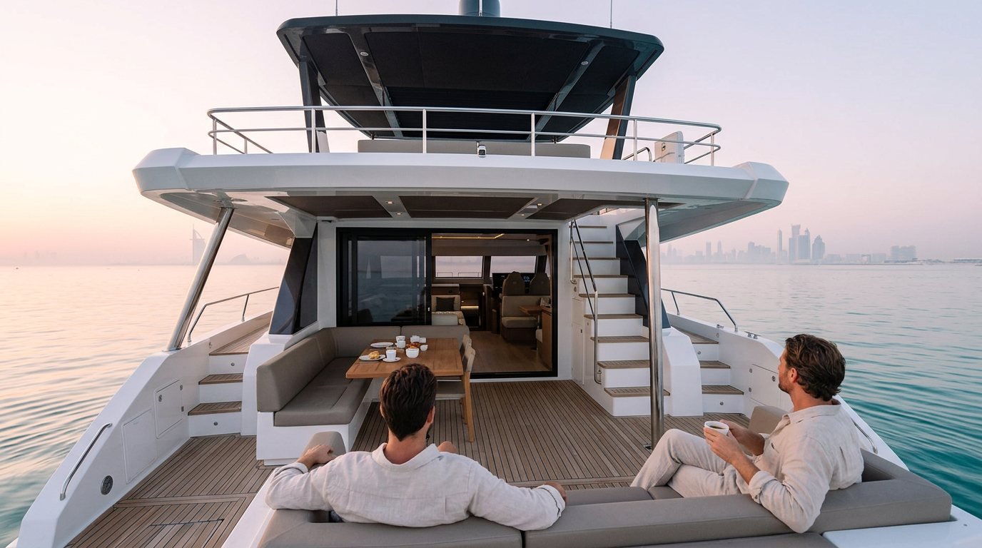 Motor yacht gliding through tranquil ocean waters as Dubai skyline glows faintly