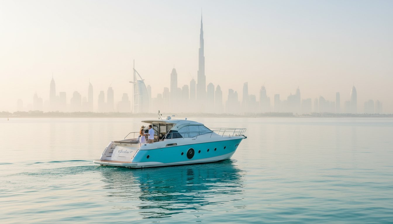 Open yacht deck looking forward toward calm sea and glowing Dubai skyline