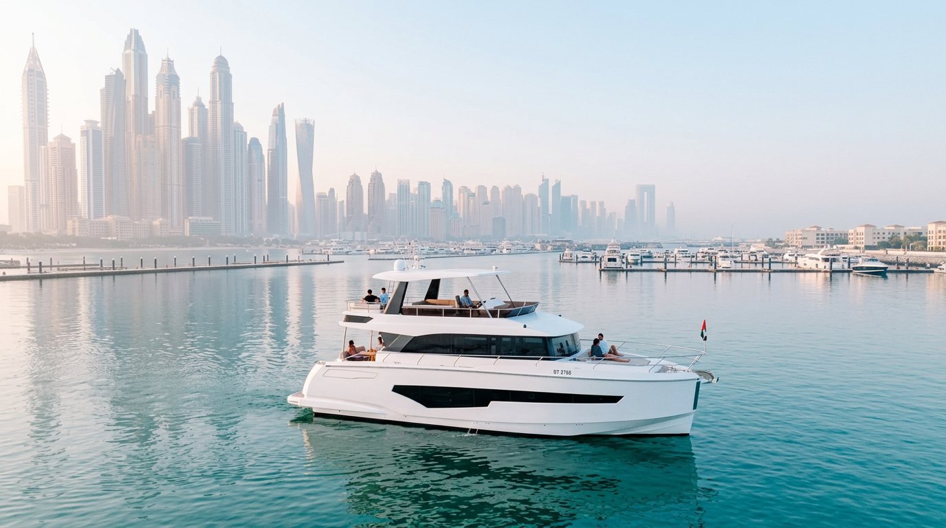 Panoramic view of luxury boats moored beside Dubai Marina skyscrapers under blue skies