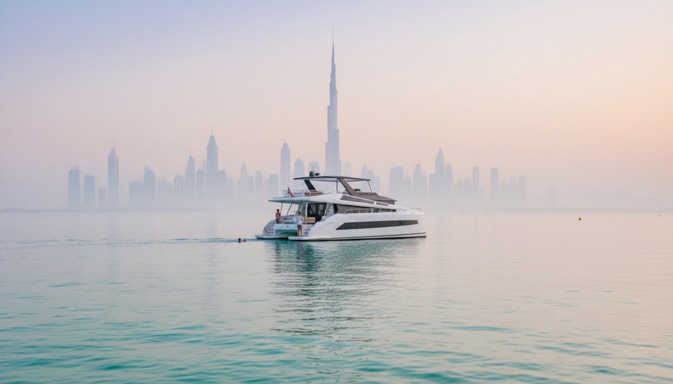Private white motor yacht sailing past illuminated Dubai shoreline landmarks at twilight