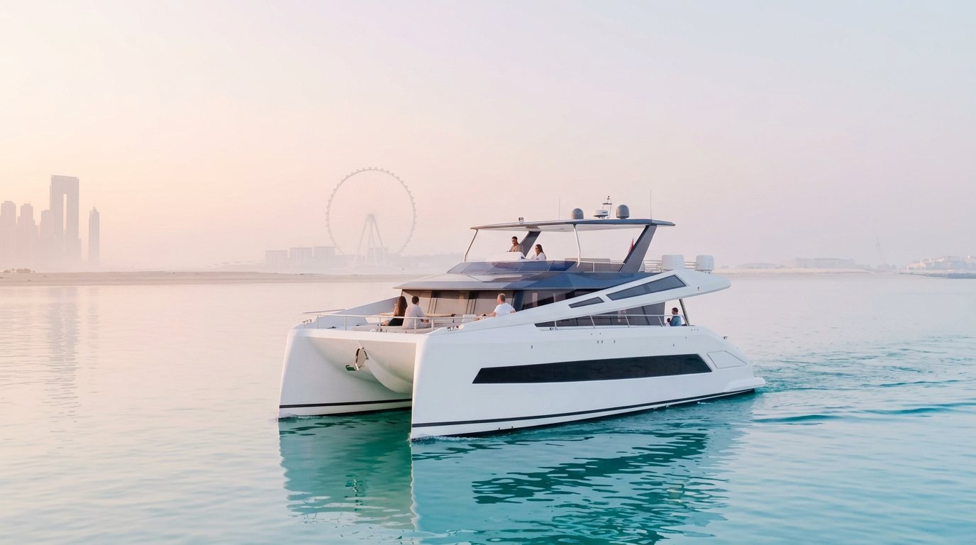 Private white motor yacht sailing past illuminated Dubai shoreline landmarks at twilight