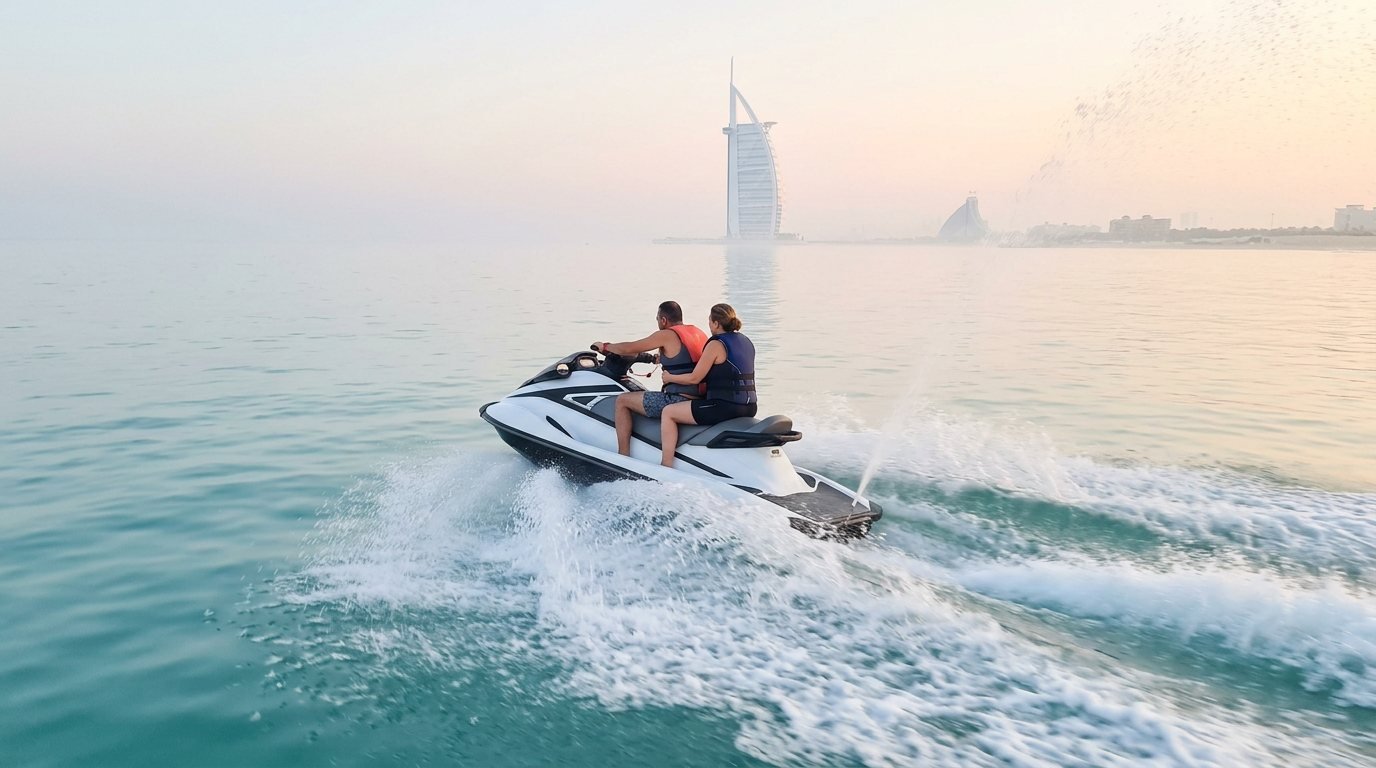 PWC carving through turquoise ocean waters with Burj Al Arab in view