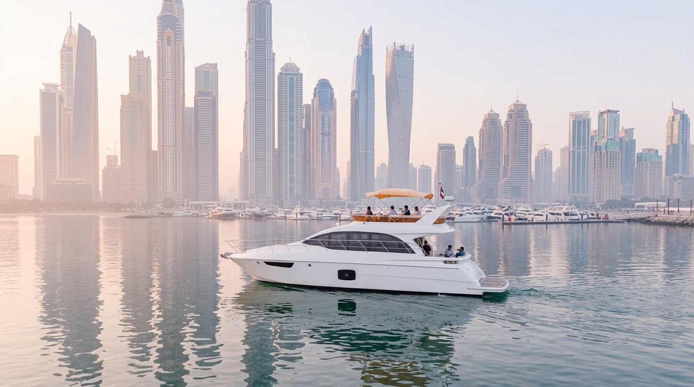Scenic view of docked vessels and high-rise waterfront apartments in Dubai Marina