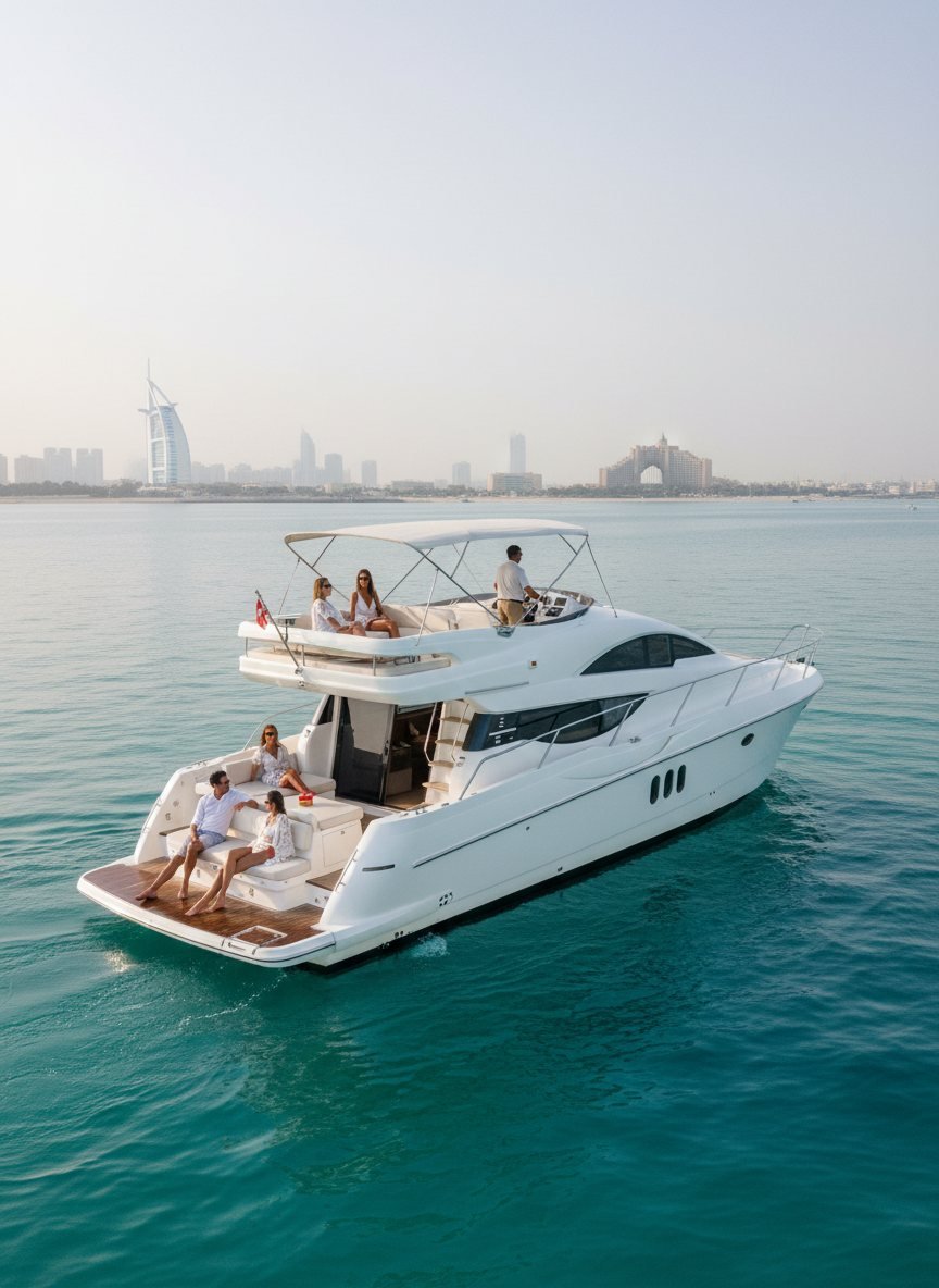 Skipper operating the yacht controls alongside passengers relaxing in the aft area