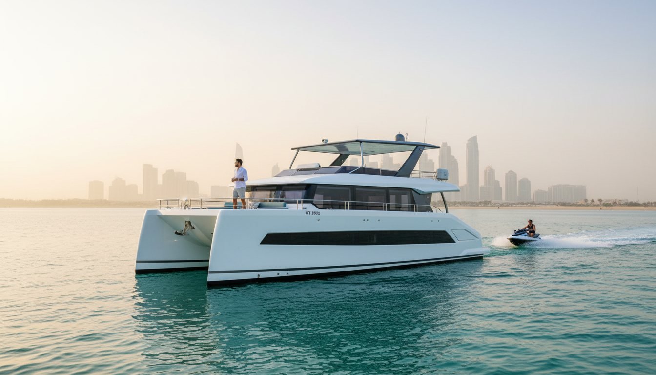 Speeding watercraft riding close to a motor yacht on turquoise Dubai waters