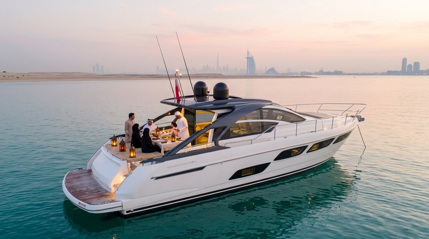 Traditional iftar feast with dates and lanterns served aboard a Dubai yacht
