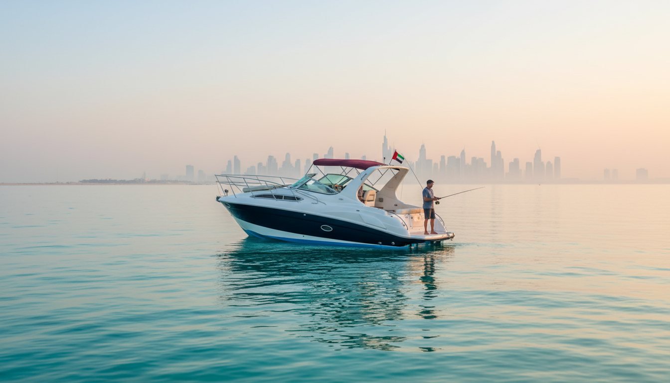 Two fishermen casting lines from a sport fishing boat on Dubai sea