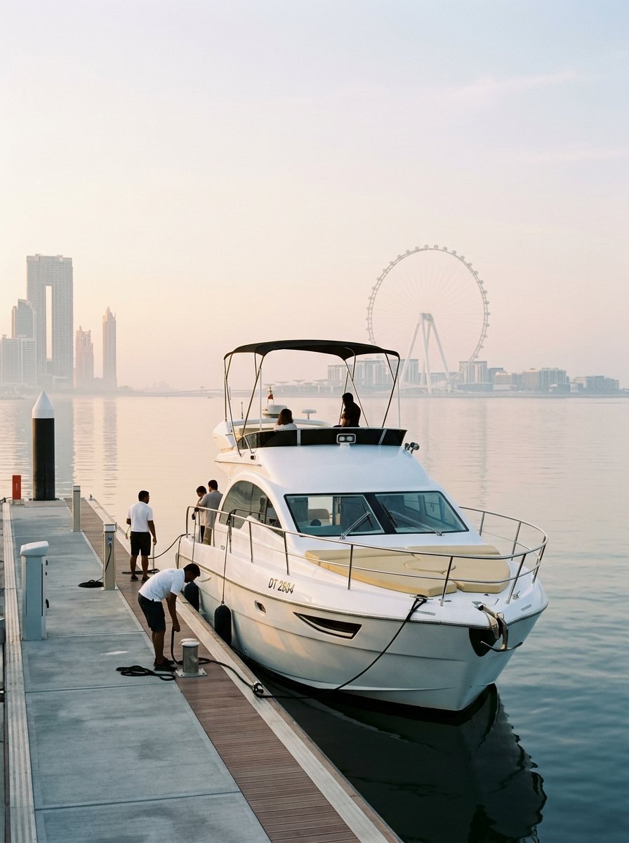 Uniformed crew members assembled along a wooden dock overlooking the sunny Dubai shore