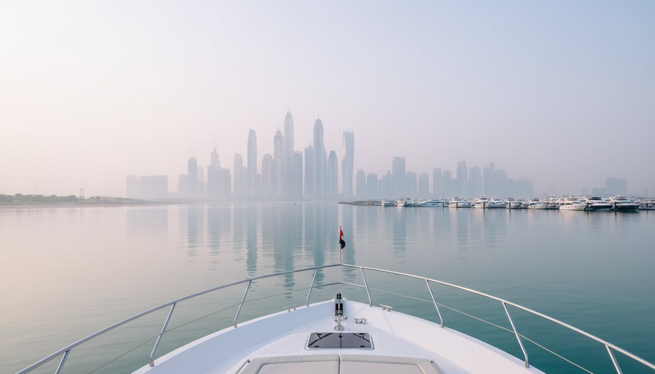 View over the yacht railing toward modern luxury towers at Dubai Marina