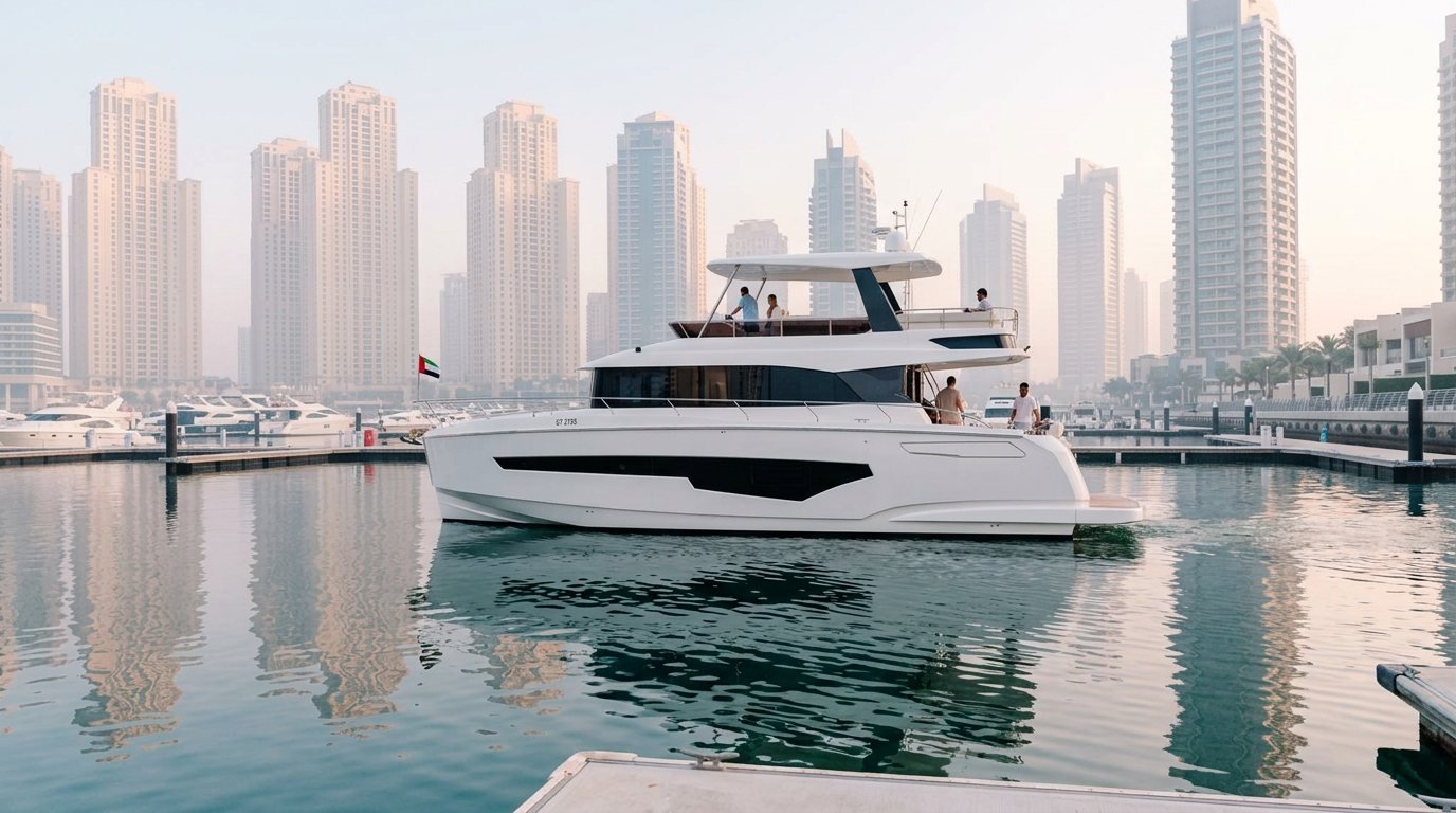 Water-level view of berthing pontoons and high-rise towers in Dubai Marina