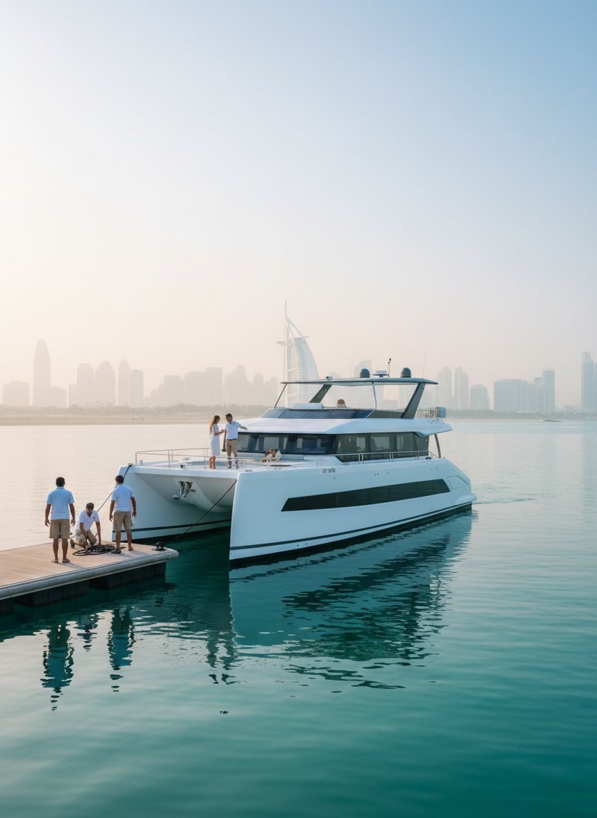 Yacht crew standing on a pier beside Dubai marina docks with coastal towers behind