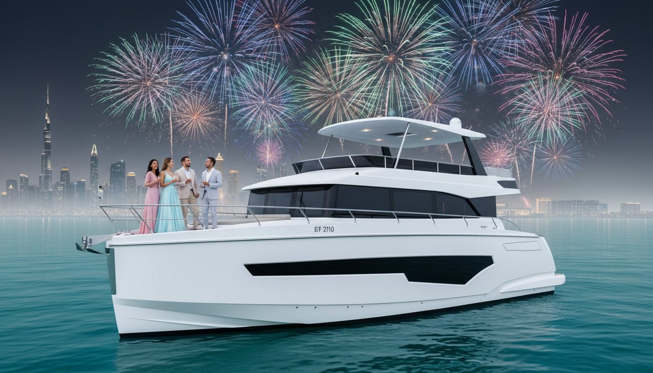 Yacht passengers toasting drinks while fireworks light up the night Dubai skyline