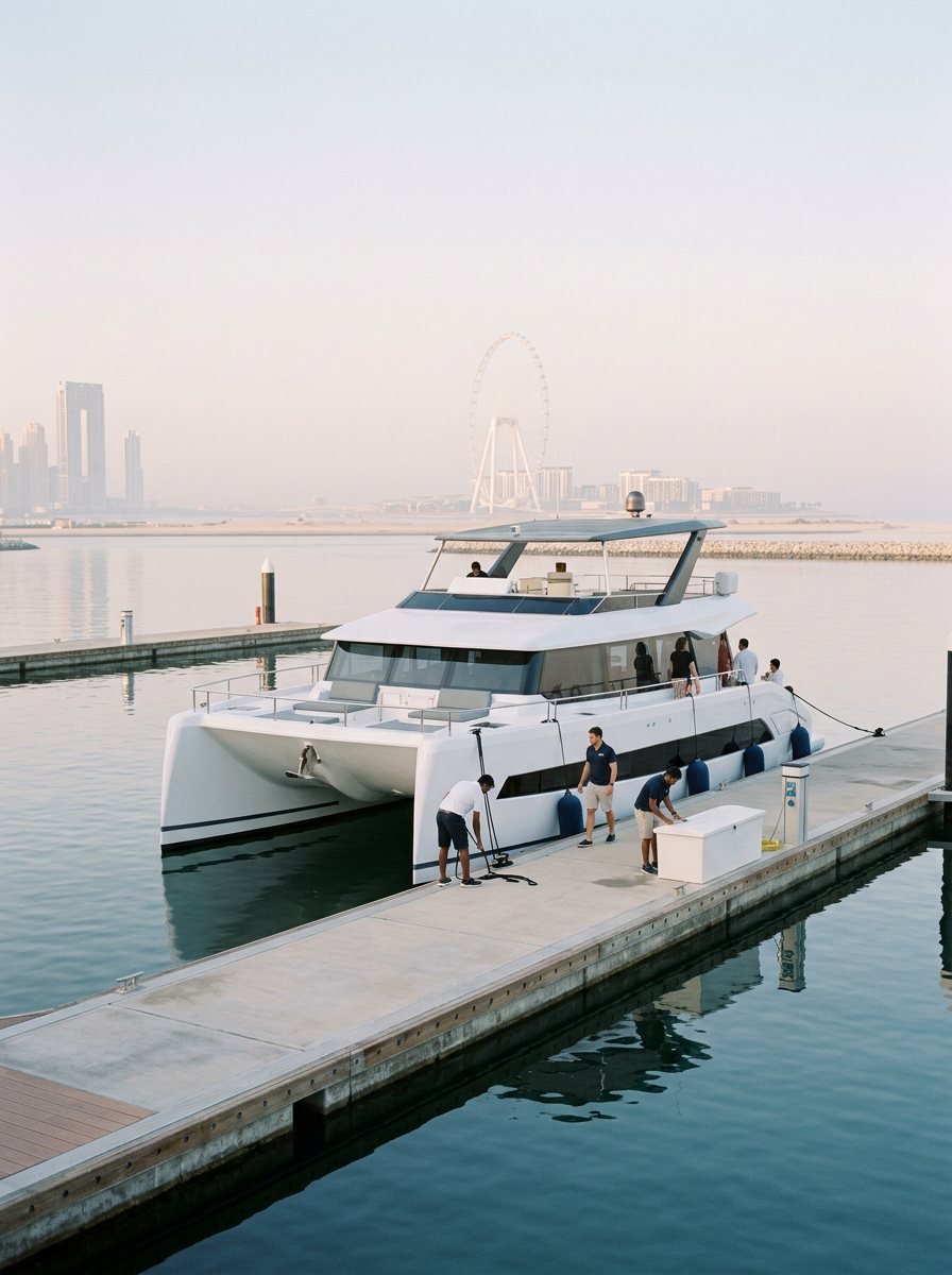 Yacht staff gathered on a private marina dock along the turquoise Dubai waterfront